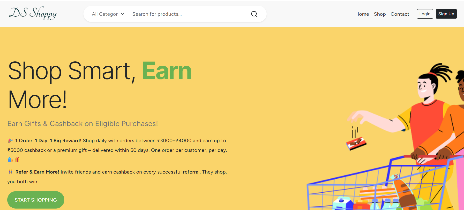DS Shoppy storefront introducing its cashback and referral rewards.