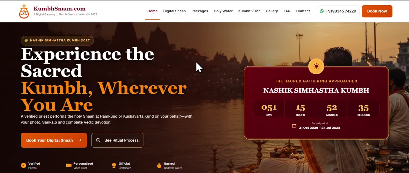 KumbhSnaan homepage introducing Digital Snaan and the ritual booking journey. Frame from the supplied project recording.